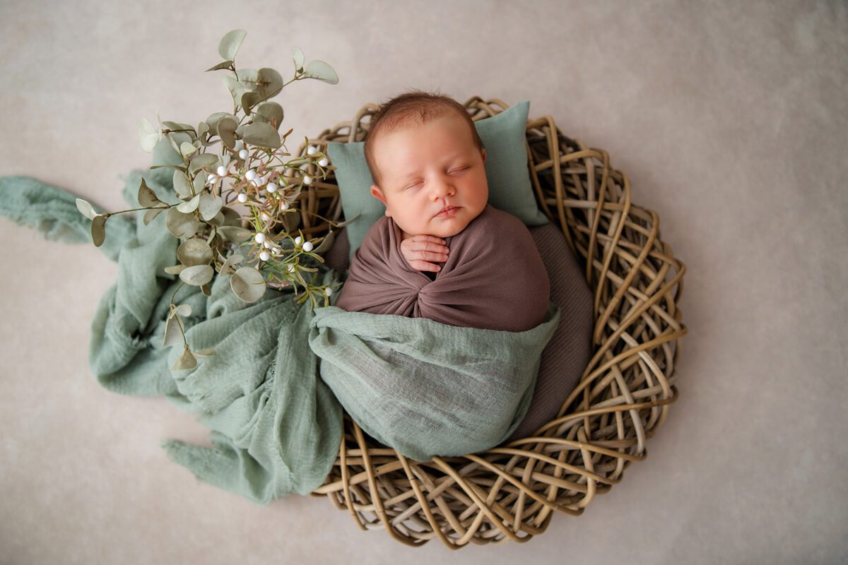 Newborn Fotoshooting. Neugeborenenfotoshooting mit Shira Rachel Photography: Baby schläft friedlich in einem Korb, umhüllt von weichen Naturtönen und Eukalyptus – liebevolle und professionelle Babyfotografie in Wien.