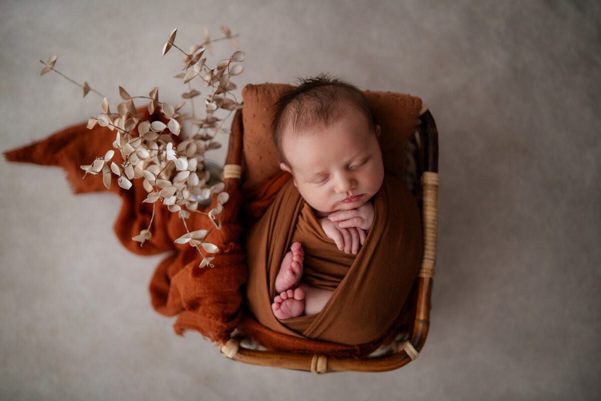 Neugeborenes Baby im Korb – künstlerisches Neugeborenen-Fotoshooting in Wien im März mit natürlichen Details.