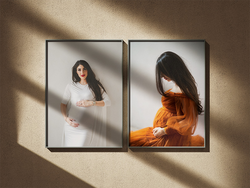 Babybauch Fotos als gerahmte Wandbilder aus einem Schwangerschaftsshooting Zwei gerahmte Babybauch Fotos aus einem Maternity Shooting