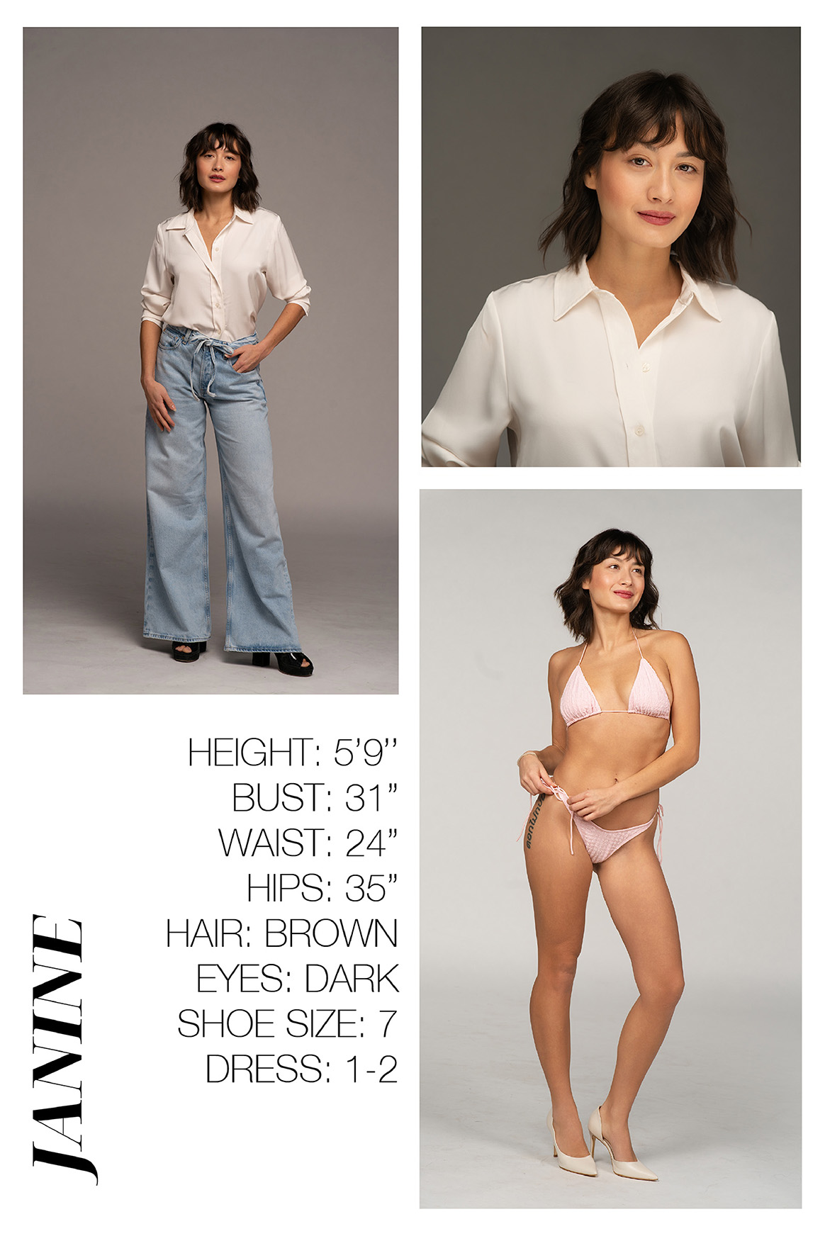 Sedcard Fotos eines Models für eine professionelle Compcard mit Portrait, Ganzkörperfoto und Modelmaßen